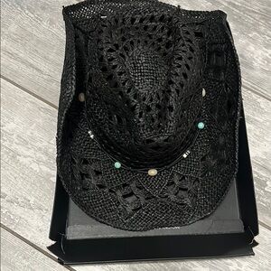 Chic Black Woven Hat with Bead Accents